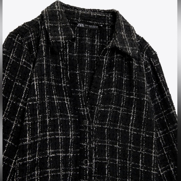 Zara Fitted Structured Black Plaid Shirt Tweed M medium NWT - Picture 7 of 10